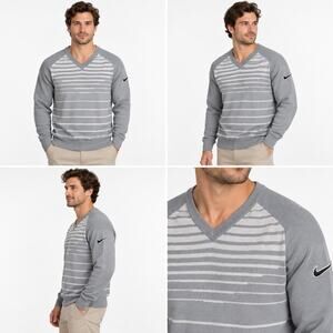 Nike Golf Tour Performance Sweater Mens Medium Gray Striped V Neck Pullover